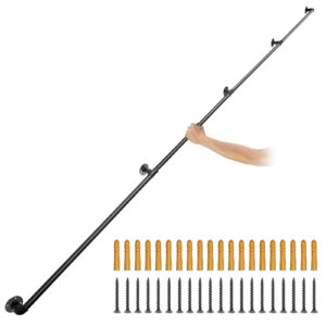 PEMIUM Vamzdžių laiptų turėklai, 396,2 cm laiptų turėklai, 199,6 kg apkrovos talpa, pramoniniai vamzdžių turėklai su sienos tvirtinimo atrama, apvalaus kampo sienos turėklai vidaus ir lauko naudojimui