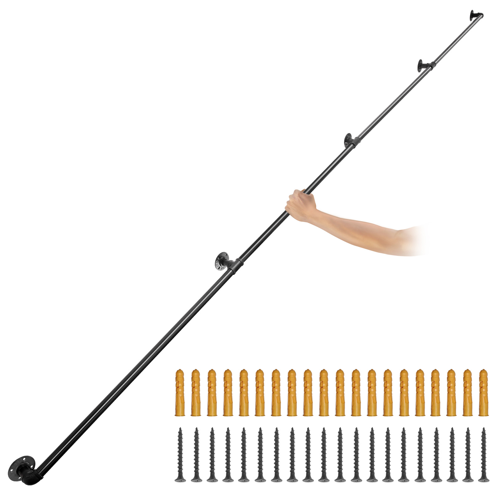 VEVOR Vamzdžių laiptų turėklai, 396,2 cm laiptų turėklai, 199,6 kg apkrovos talpa, pramoniniai vamzdžių turėklai su sienos tvirtinimo atrama, apvalaus kampo sienos turėklai vidaus ir lauko naudojimui