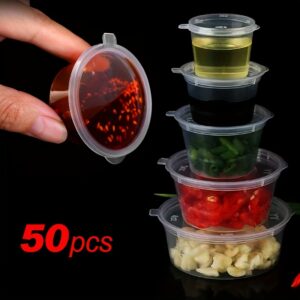 50 vnt. plastikinių porcijų puodelių su dangteliais, vienkartiniai virtuvės padažų prieskonių frakcinių pakuočių puodeliai