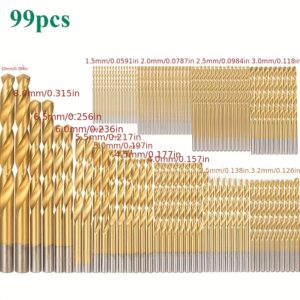 99 vnt. titanu dengtų grąžtų rinkinys - greitapjovis plienas skirtas gręžimui metalu, medžiu ir aliuminiu - 1-3 mm