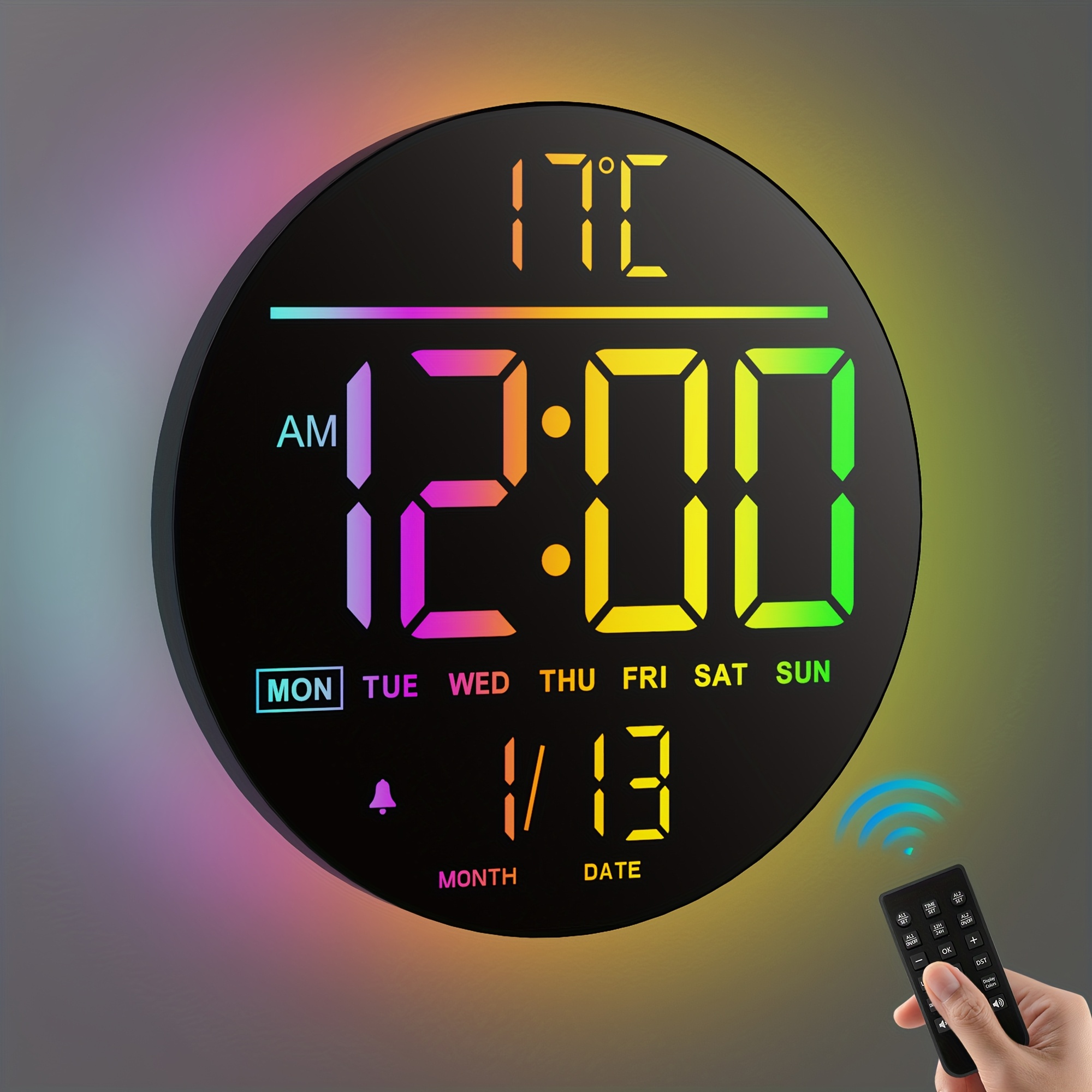 25.65 cm skaitmeninis sieninis laikrodis su dideliu ekranu, sezoninis, sienų dekoras, 8 RGB spalvų LED naktinė lemputė su nuotolinio valdymo pulteliu, automatinis ryškumas, pritemdymas, DST, datos savaitė, 2 žadintuvai, temperatūra, apvalus laikrodis Velykoms, Tėvo Motinos dienos dovana, 2*AAA neįtraukti