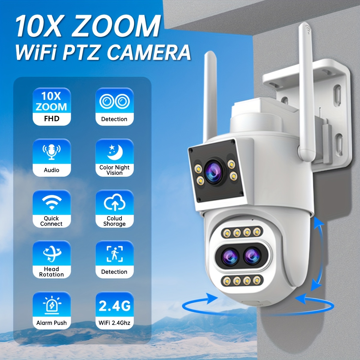 Full HD Wifi apsaugos kamera, 10X optinis priartinimas, PTZ su 3 objektyvais, IPX6, valdymas programėle, spalvotas naktinis matymas, dvipusis garsas, judesio aptikimas ir automatinis sekimas, namų apsaugos garso signalas, nuotolinis stebėjimas / išmanioji apsaugos įranga