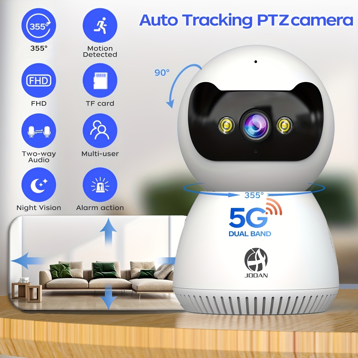 1080P Full HD stebėjimo kamera su spalvota naktine rega, dvipusiu garso ryšiu, judesio aptikimu ir sekimo įrašymu. Gali būti valdoma per nuotolinę mobiliąją programėlę. Idealiai tinka auklės stebėjimui, šeimos ir augintinių saugumo stebėjimui