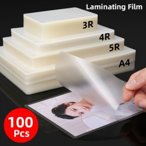 100 skaidrių plastikinių įmautės lapų, viršdengimo plėvelė, galimi 4 standartiniai formatai (A4/3R/4R/5R) kortelėms, vizitiniams lapams, biuro dokumentams, nuotraukų apsaugai, suderinama su visomis laminavimo mašinomis