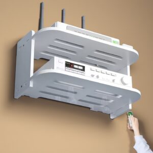 2 aukštų prie sienos montuojamas WiFi maršrutizatoriaus laikiklis su orui laidžiu maršrutizatoriaus laikymo stovu – maršrutizatoriaus laikymo stovas be gręžimo, prie sienos montuojamas žemos įtampos laikiklis, priedėlio ir optinio modemio laikymo dėžutė, WiFi įrenginių lentyna, prie sienos montuojamas kabelių valdymo stovas