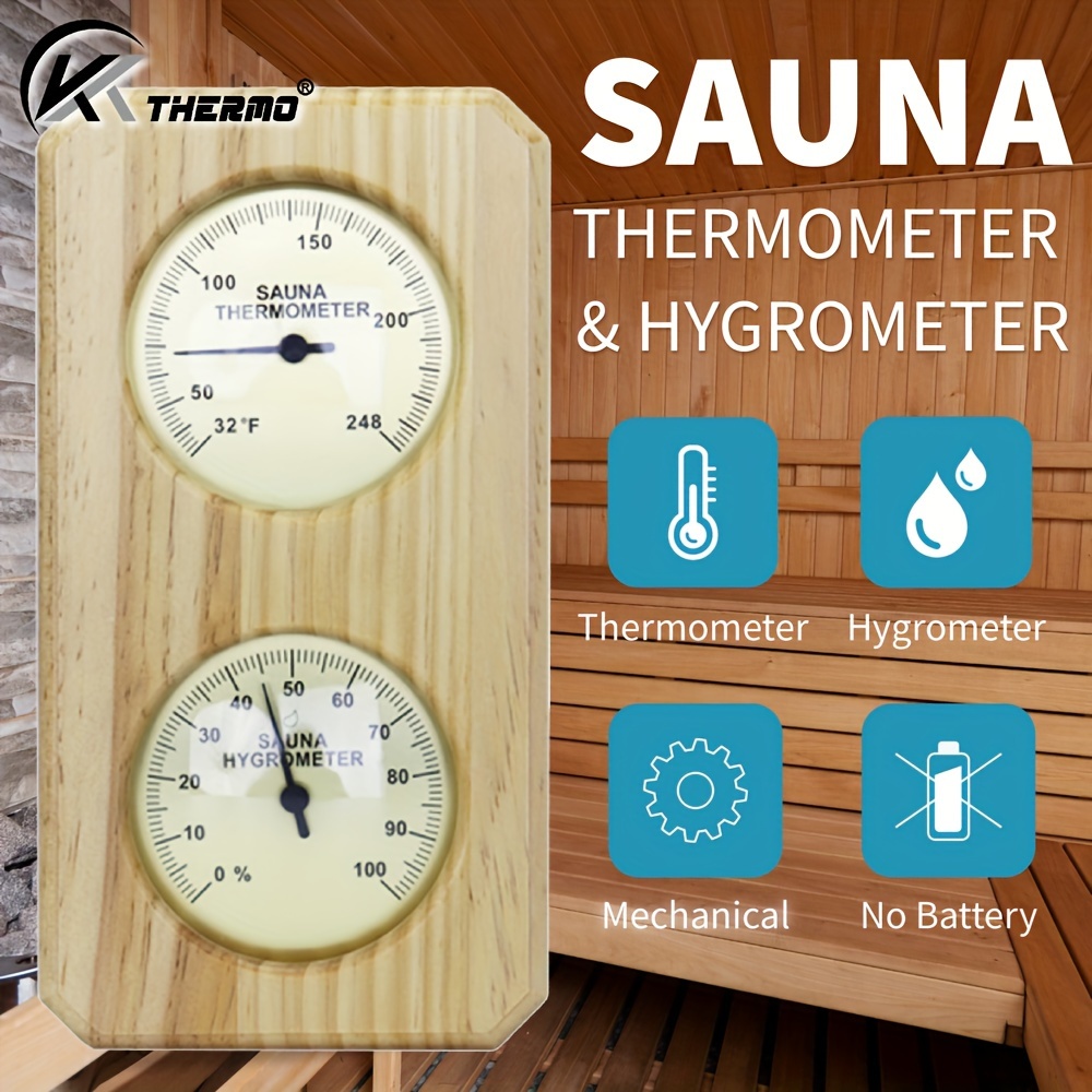 1 vnt. Saunos termohigrometras 2-in-1 vidaus drėgmės ir temperatūros matuoklis, medžio/nerūdijančio plieno medžiaga, Celsijaus/Farenheito temperatūra