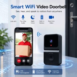 1 vnt. išmanusis WiFi durų skambutis su belaidžiu apsaugos sistema, belaidis išmanusis vaizdo domofonas, tinkamas biurui, USB įkraunama baterija – durų skambučio sistema, programėlės valdoma naktinė rega ir dvipusis garso ryšys, debesijos įrašymas (be SD kortelės)