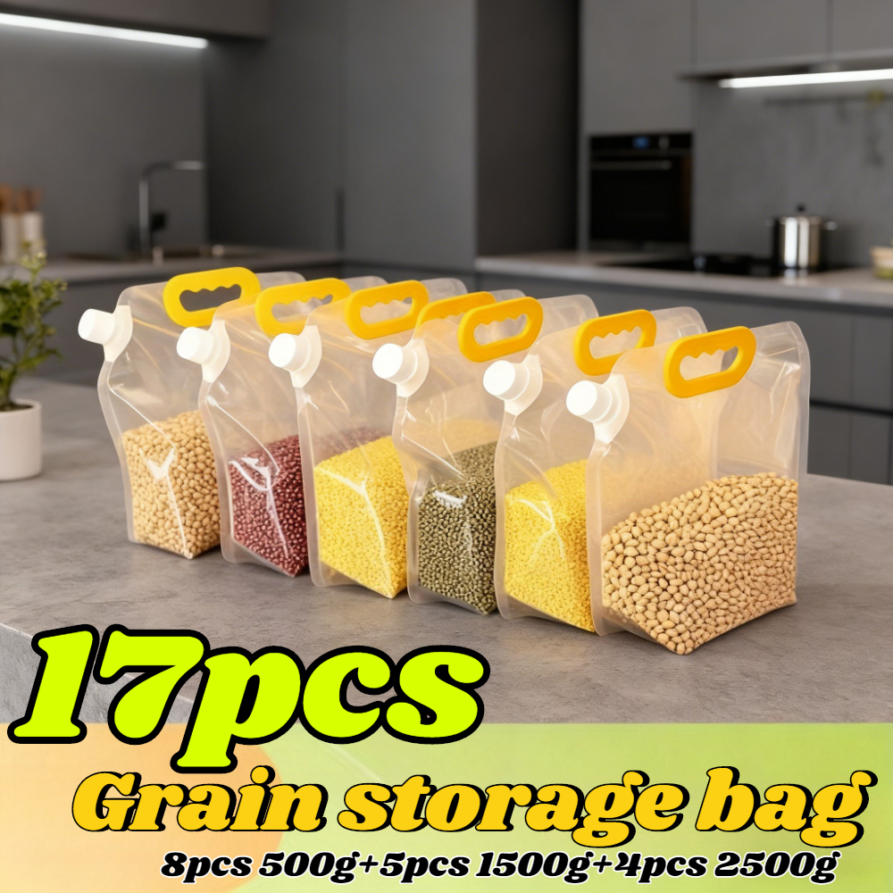 17 vnt. rinkinys (8 vnt. 500 g + 5 vnt. 1500 g + 4 vnt. 2500 g) Skaidrūs maisto laikymo maišeliai, grūdų dozavimo maišeliai, sandarūs ir drėgmei atsparūs, moksliškai suderinta talpa, vieno paspaudimo sandarinimo žiedas, tinkami virtuvėje laikyti ryžiams, miltams, pupoms, sausoms prekėms, užkandžiams