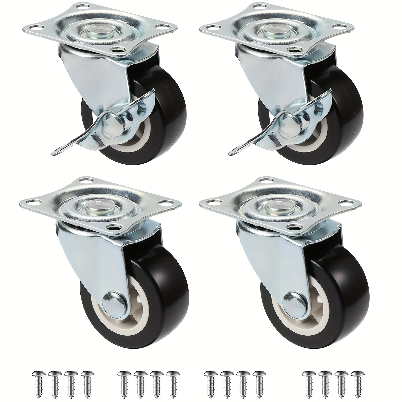 4 vnt. tvirtų pmų ratukų 2,54 cm / 3,17 cm / 5,08 cm - patvarus metalas, stabdžiai, idealiai tinka biuro spintelėms ir darbastaliams
