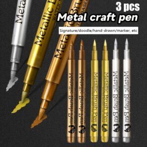 3 vnt./rinkinys šepetėlių metalizuoti žymekliai auksiniai sidabriniai variniai permanentiniai žymekliai meno piešimo žymekliai amatams scrapbooking'ui, metalui, plastikui, akmeniui, profesionalios meno priemonės, biuro produktai, Helovino dovanų dekoravimo žymeklis