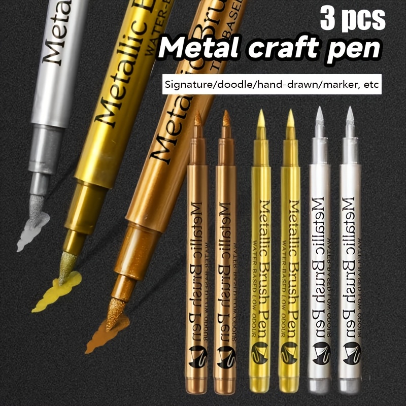 3 vnt./rinkinys šepetėlių metalizuoti žymekliai auksiniai sidabriniai variniai permanentiniai žymekliai meno piešimo žymekliai amatams scrapbooking'ui, metalui, plastikui, akmeniui, profesionalios meno priemonės, biuro produktai, Helovino dovanų dekoravimo žymeklis