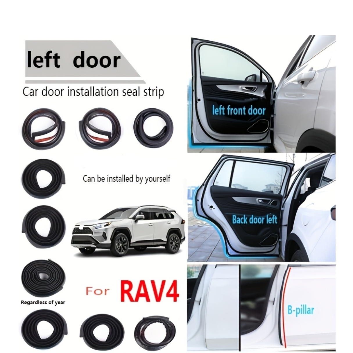 Tinkami modeliai: TOYOTA RAV4 viso automobilio garso izoliacijos sandariklio juostelė, TOYOTA RAV4 durų garso izoliacijos sandariklio juostelė, Vandeniui atspari smūgius sugerianti tarpiklio juostelė, Papildoma savaiminio klijavimo priekinio stiklo sandariklio juostelė