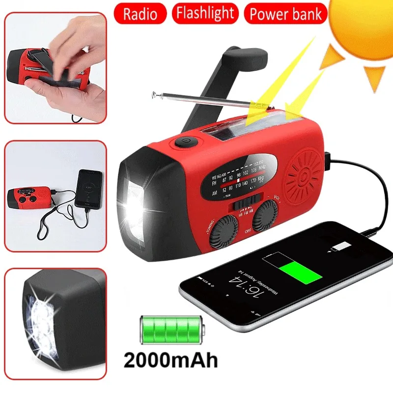 Dinamo maitinamas AM/FM/NOAA orų radijas (2000 mAh)
