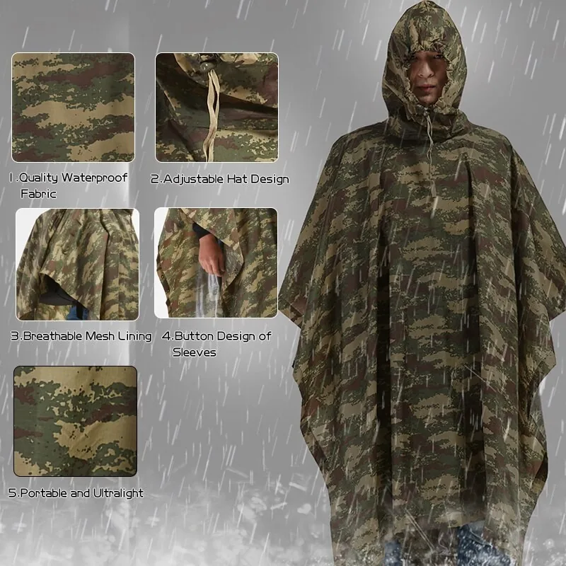 Kelioninis kamufliažinis paltas nuo lietaus